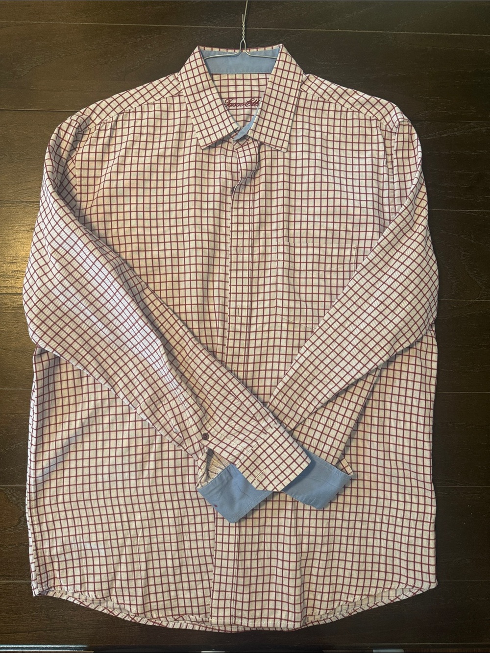 Men's White and Burgundy Checked Dress Shirt